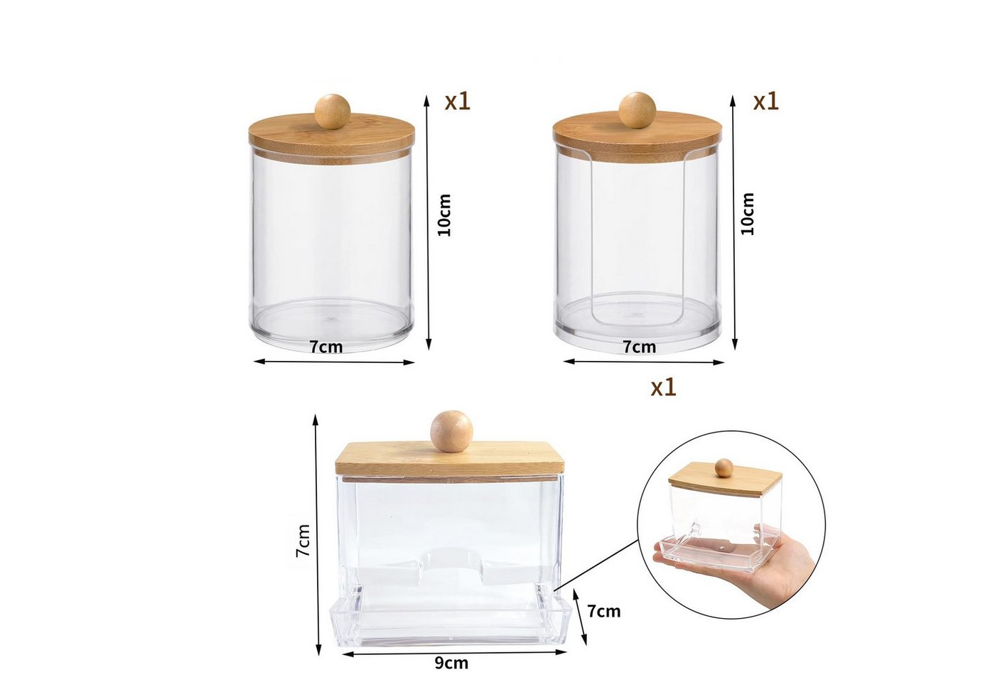 FOUORTUNATE-BEE Wattestäbchenspender 3× Wattepad- & Wattestäbchen-Box mit Bambusdeckel, Transparente Aufbewahrungsdosen für Bad & Schminktisch – Bild 2 von 5