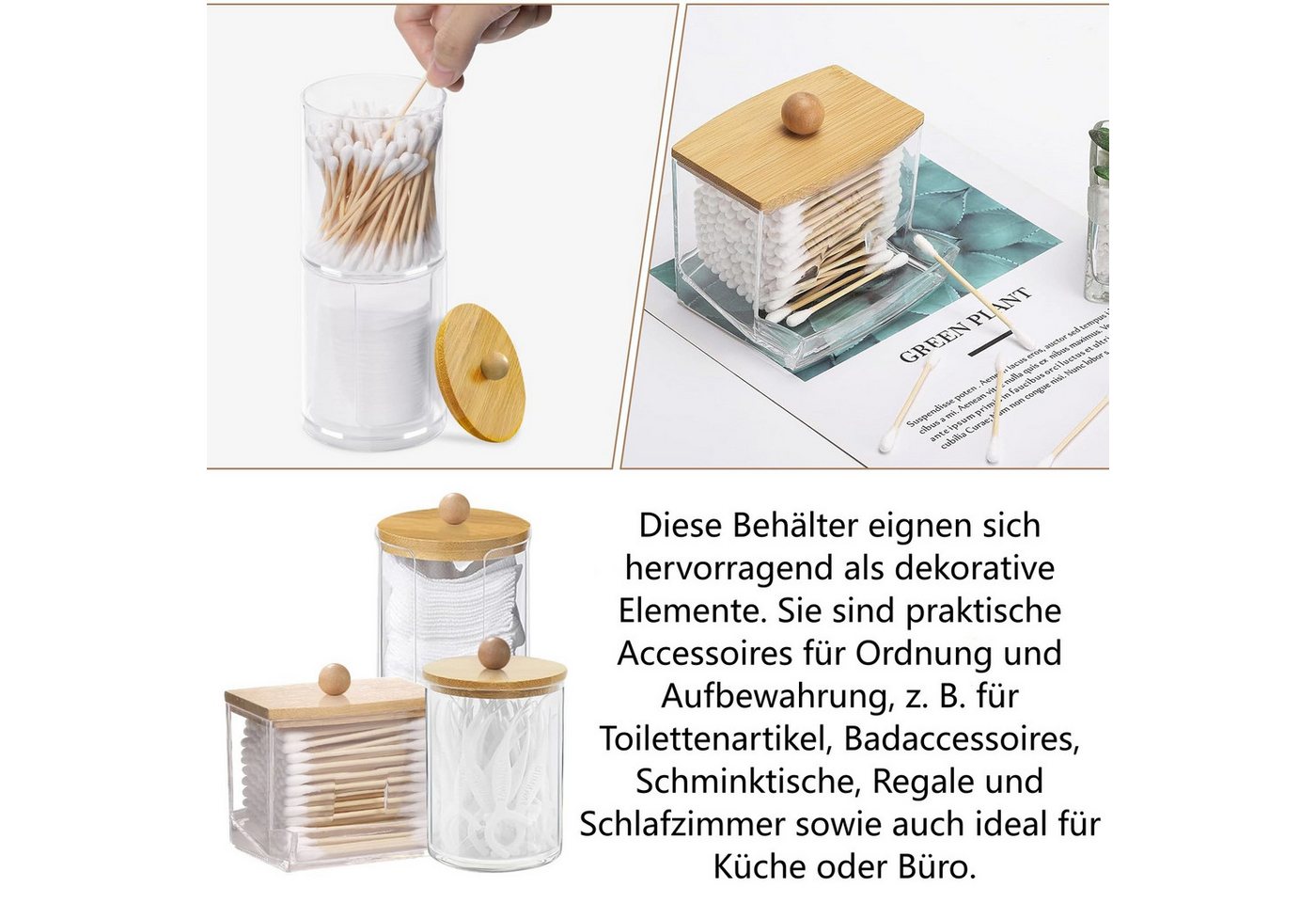 FOUORTUNATE-BEE Wattestäbchenspender 3× Wattepad- & Wattestäbchen-Box mit Bambusdeckel, Transparente Aufbewahrungsdosen für Bad & Schminktisch – Bild 3 von 5