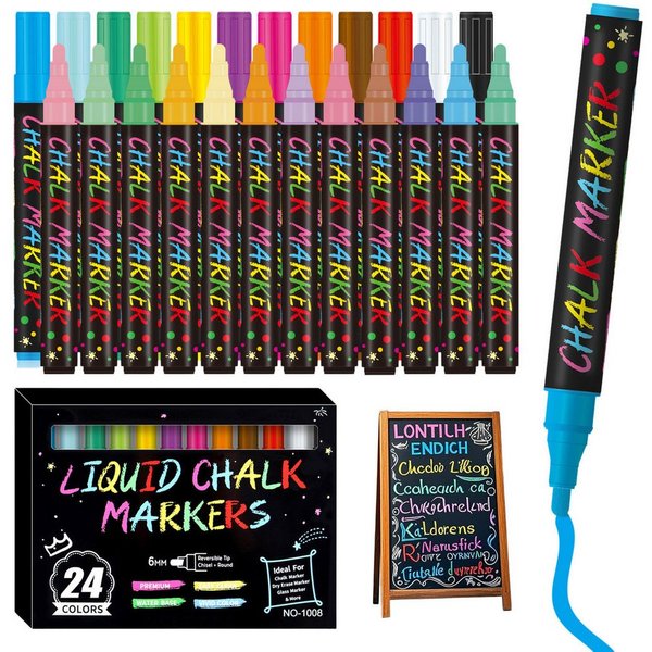 FOUORTUNATE-BEE Whiteboard Marker Flüssigkreidestifte Abwischbar 6 mm für Glas Tafel Whiteboard Set, (24-tlg), Fensterstifte für Schule Café DIY Deko Hochzeit u