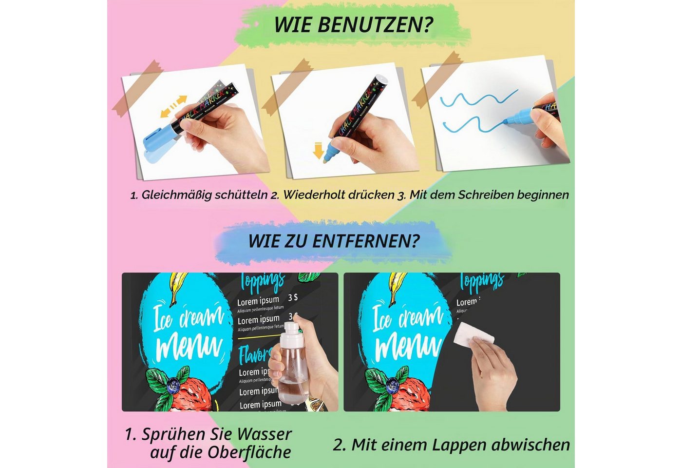 FOUORTUNATE-BEE Whiteboard Marker Flüssigkreidestifte Abwischbar 6 mm für Glas Tafel Whiteboard Set, (24-tlg), Fensterstifte für Schule Café DIY Deko Hochzeit u – Bild 3 von 5