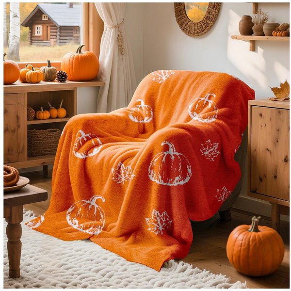 Wohndecke Herbst Kürbisse Decke, Kürbis & Blätter Halloween Decken, FOUORTUNATE-BEE, Weiche Überwurfdecke für Sofa & Bett, Halloween Dekoration, 130x150 cm