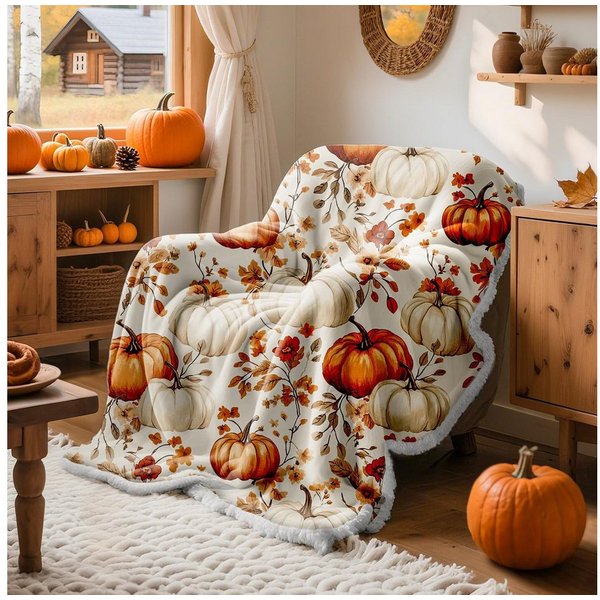 Wohndecke Herbstdecke mit Kürbis- und Blattmotiv, weich, 150 x 130 cm, FOUORTUNATE-BEE, Weiche orange Kuscheldecke für Sofa & Bett, Halloween-Deko