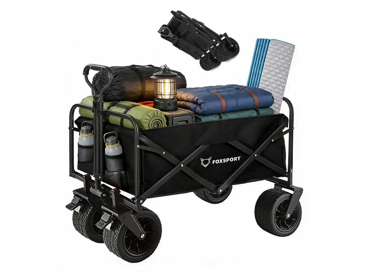 FOXSPORT Bollerwagen faltbar, Handwagen, Transportwagen, Strandbuggy (Packung), breites Geländepanzerrad, max. 100 kg, Vorder- & Hinterbremse – Bild 2 von 5