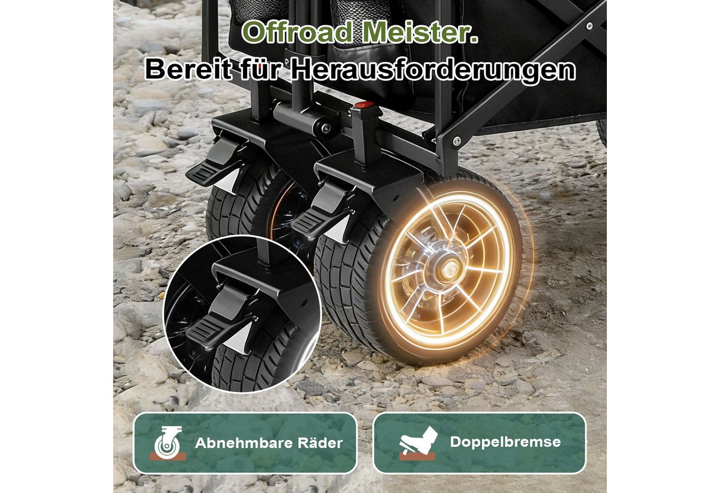 FOXSPORT Bollerwagen faltbar, Handwagen, Transportwagen, Strandbuggy (Packung), breites Geländepanzerrad, max. 100 kg, Vorder- & Hinterbremse – Bild 3 von 5