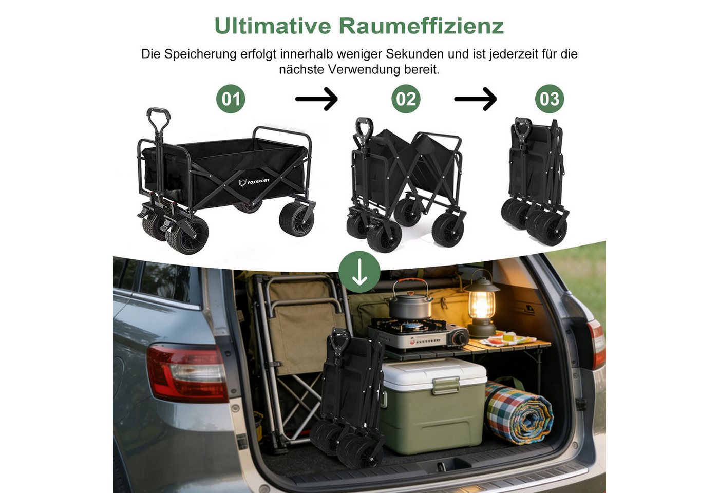 FOXSPORT Bollerwagen faltbar, Handwagen, Transportwagen, Strandbuggy (Packung), breites Geländepanzerrad, max. 100 kg, Vorder- & Hinterbremse – Bild 4 von 5