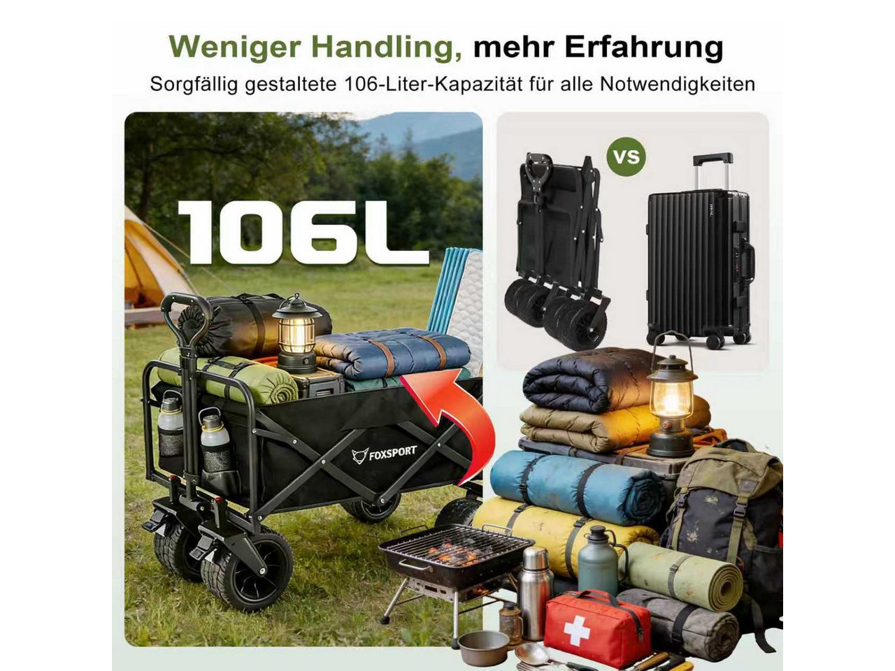 FOXSPORT Bollerwagen faltbar, Handwagen, Transportwagen, Strandbuggy (Packung), breites Geländepanzerrad, max. 100 kg, Vorder- & Hinterbremse – Bild 5 von 5