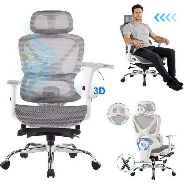 FOXSPORT Bürostuhl, Ergonomischer Premium-Schreibtischstuhl (Computer-Bürostuhl), 3D-Armlehnen, 3D-Kopfstütze, 4D-Lendenstütze, Rückenlehne (90°–135)
