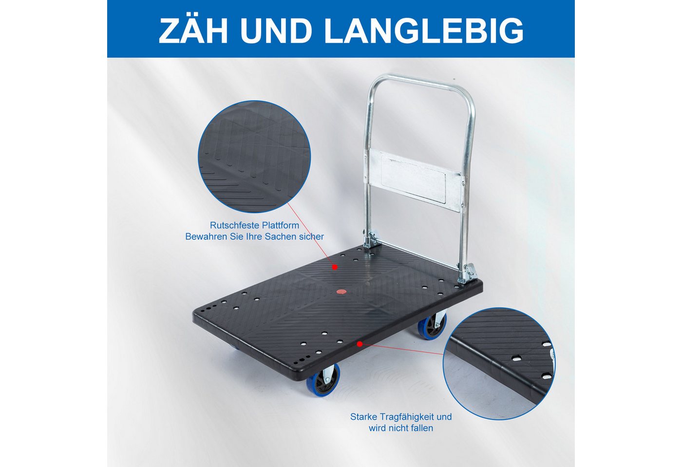 FOXSPORT Transportwagen klappbar, Plattformwagen, Transportroller, Handwagen, Klappwagen, Einklappbarer 90° Handgriff, Belastbar bis 250 kg, Ladefläche 90x60 cm – Bild 3 von 5