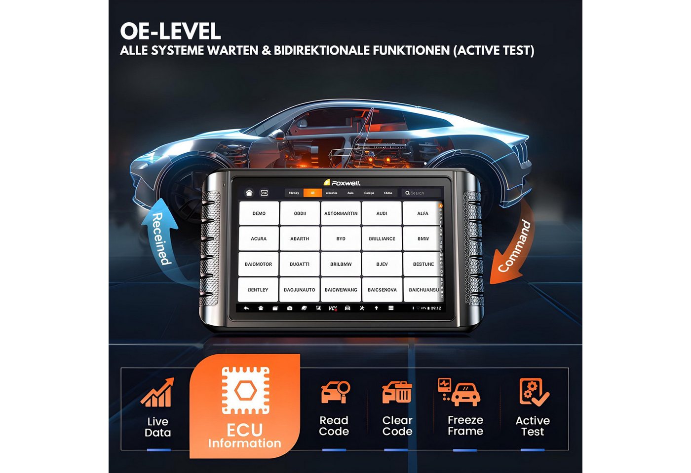 FOXWELL Kfz-Diagnosegerät Diagnosegerät mit 10,1" Touchscreen – OBD2 Scanner ECU-Codierung, IMMO, Komplett-Set – Bild 2 von 5