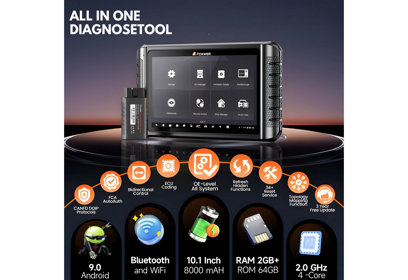 FOXWELL Kfz-Diagnosegerät Diagnosegerät mit 10,1" Touchscreen – OBD2 Scanner ECU-Codierung, IMMO, Komplett-Set – Bild 5 von 5
