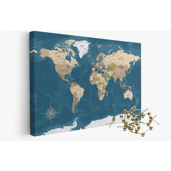 framed concept Leinwandbild als Weltkarte Kork-Pinnwand, pinne Deine Reisen und Erinnerungen, Englische Beschriftung inkl. 50 goldene Pins
