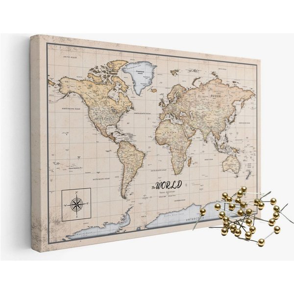 framed concept Leinwandbild als Weltkarte-Pinnwand, pinne Deine Reisen und Erinnerungen, World Map, Englische Beschriftung inkl. 50 goldene Pins