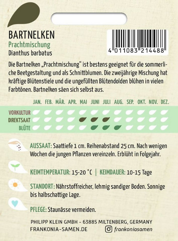 FRANKONIA Blumensamen Bartnelken, Prachtmischung - Nelken-Samen Saatgut Samen, Dianthus barbatus – Bild 2 von 2
