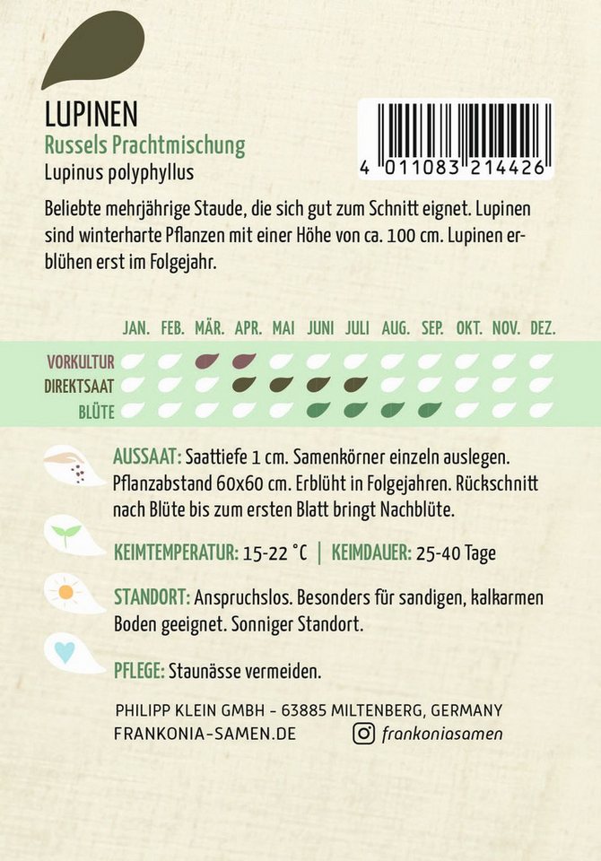 FRANKONIA Blumensamen Lupine, Russels Prachtmischung - Saatgut Samen, Lupinus polyphyllus – Bild 2 von 2
