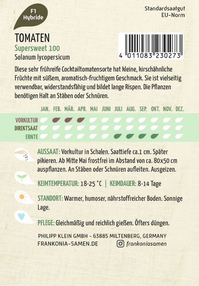 FRANKONIA Gemüsesamen Cocktailtomate, Supersweet 100 F1 Saatgut Tomaten Samen, Solanum lycopersicum – Bild 2 von 2