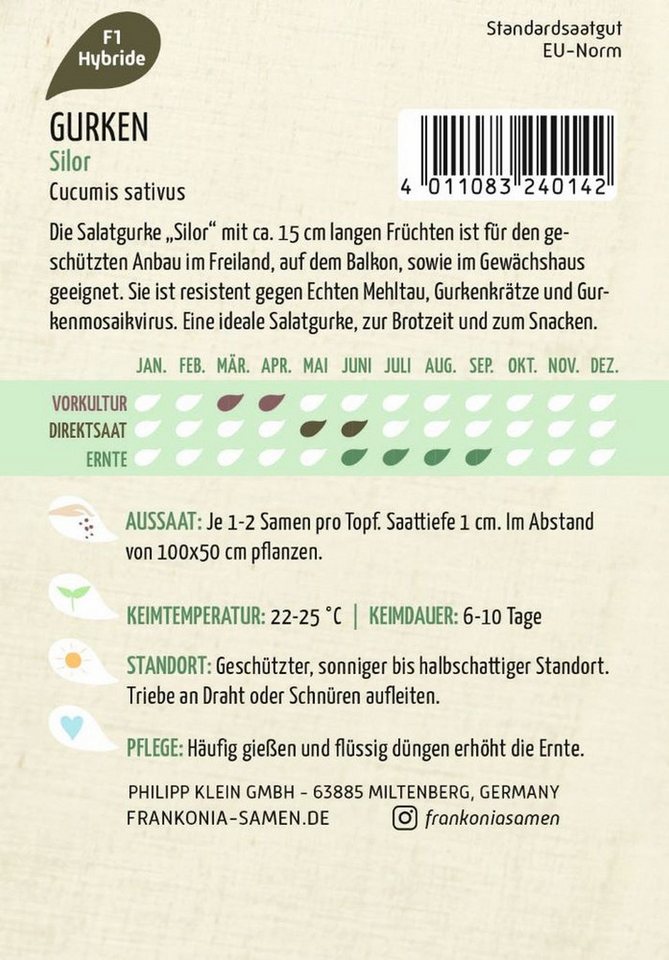 FRANKONIA Gemüsesamen Gurke, Silor F1 - Gurken-Samen Saatgut Samen, Cucumis sativus – Bild 2 von 2