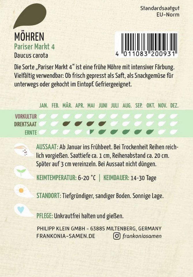 FRANKONIA Gemüsesamen Möhre, Pariser Markt 2 - Möhren-Samen Saatgut Samen, Daucus carota – Bild 2 von 2