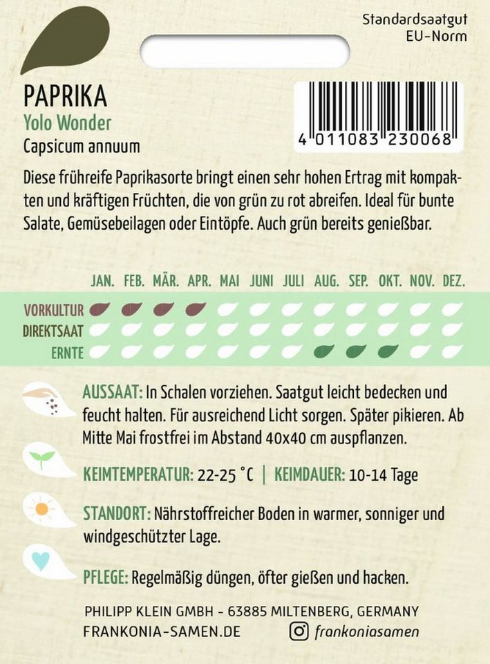 FRANKONIA Gemüsesamen Paprika, Yolo Wonder - Paprika-Samen Saatgut Samen, Capsicum annuum – Bild 2 von 2
