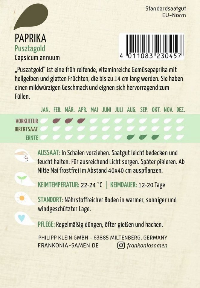 FRANKONIA Gemüsesamen Paprika, Pusztagold - Paprika-Samen Saatgut Samen, Capsicum annuum – Bild 2 von 2