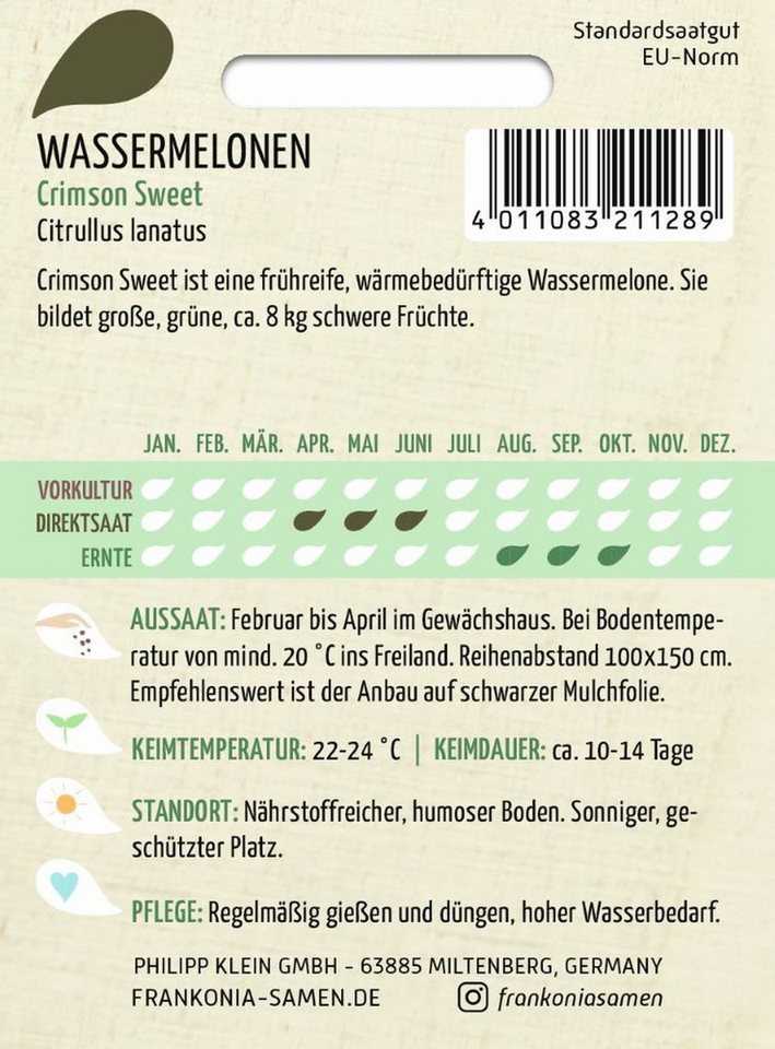 FRANKONIA Gemüsesamen Wassermelone, Crimson Sweet - Saatgut Samen, Citrullus lanatus – Bild 2 von 2