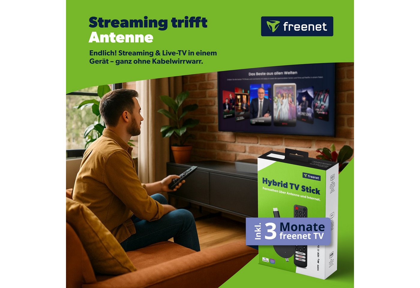 freenet TV Streaming-Stick Hybrid 3in1, DVB-C/T2 und Android TV, Inkl. 3 Monate freenet TV, 4K UHD, Chromecast – Bild 2 von 5