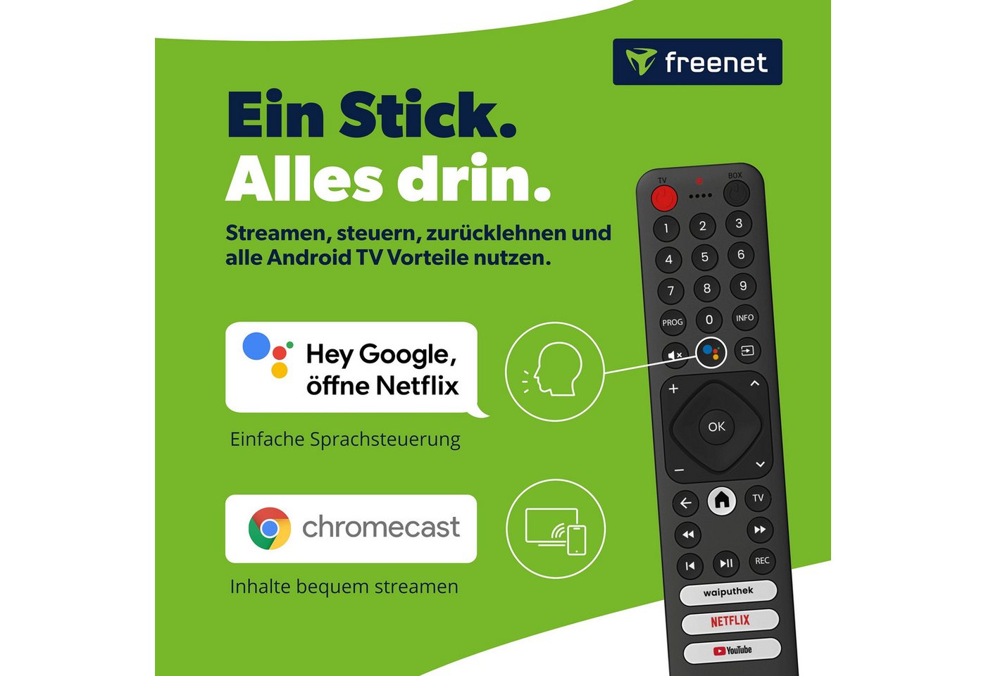 freenet TV Streaming-Stick Hybrid 3in1, DVB-C/T2 und Android TV, Inkl. 3 Monate freenet TV, 4K UHD, Chromecast – Bild 4 von 5
