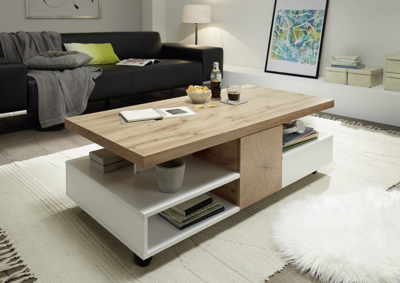 freiraum Couchtisch RENNES, mit Fach+Schub, MDF weiss / Dekor Eiche - 120x40x60 (BxHxT) – Bild 2 von 5