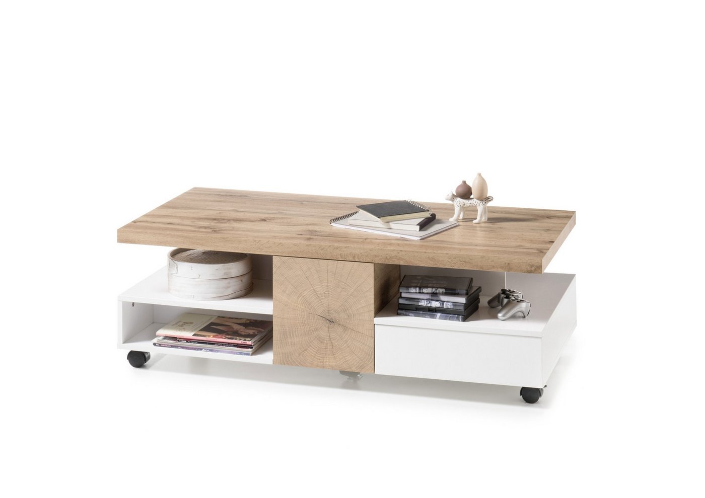 freiraum Couchtisch RENNES, mit Fach+Schub, MDF weiss / Dekor Eiche - 120x40x60 (BxHxT) – Bild 3 von 5
