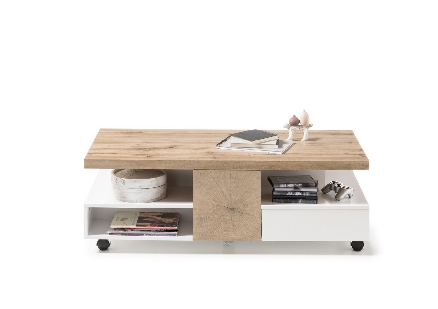 freiraum Couchtisch RENNES, mit Fach+Schub, MDF weiss / Dekor Eiche - 120x40x60 (BxHxT) – Bild 4 von 5