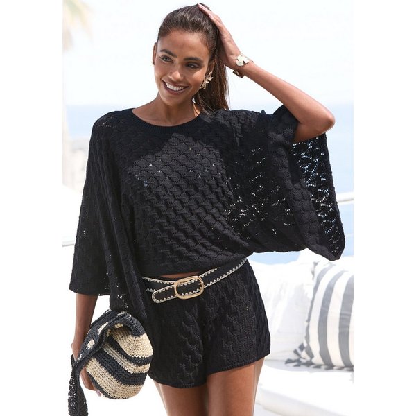 French Connection Ajourpullover mit extraweiten Fledermausärmeln verkürzter Oversize-Pullover, leicht transparenter Strandpullover