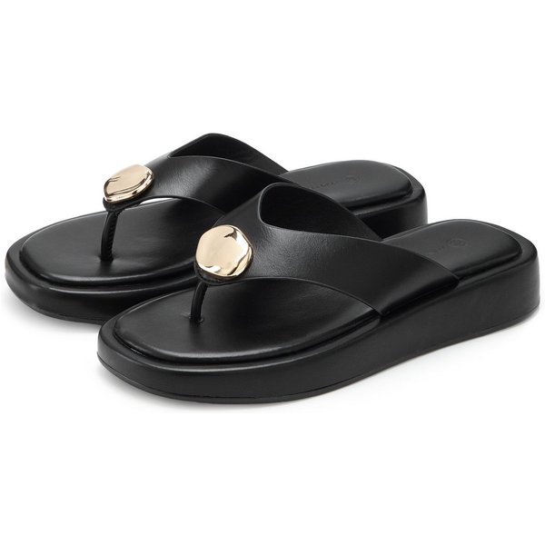 French Connection Sandale, Pantolette, offener Schuh, Sommerschuhe Zehentrenner NEU mit goldfarbenem Schmuckelement und bequemer Sohle VEGAN
