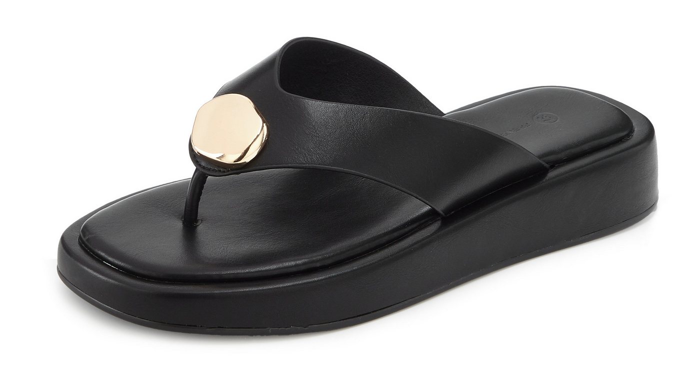 French Connection Sandale, Pantolette, offener Schuh, Sommerschuhe Zehentrenner NEU mit goldfarbenem Schmuckelement und bequemer Sohle VEGAN – Bild 3 von 5