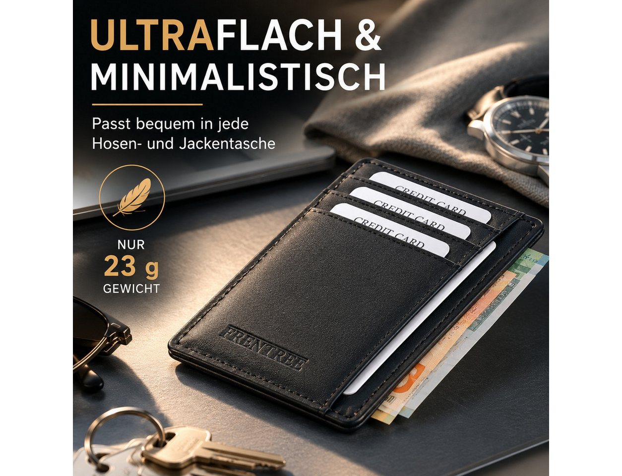 Frentree Kartenetui "Mini"-Geldbörse, minimalistischer Kartenhalter aus Echtleder, für bis zu 10 Karten und Geldscheine, mit integriertem RFID Schutz – Bild 2 von 5