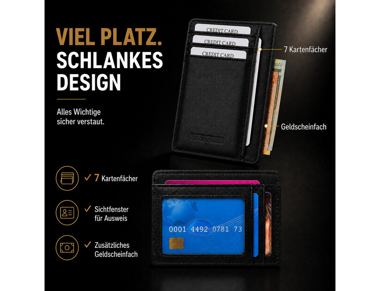 Frentree Kartenetui "Mini"-Geldbörse, minimalistischer Kartenhalter aus Echtleder, für bis zu 10 Karten und Geldscheine, mit integriertem RFID Schutz – Bild 4 von 5