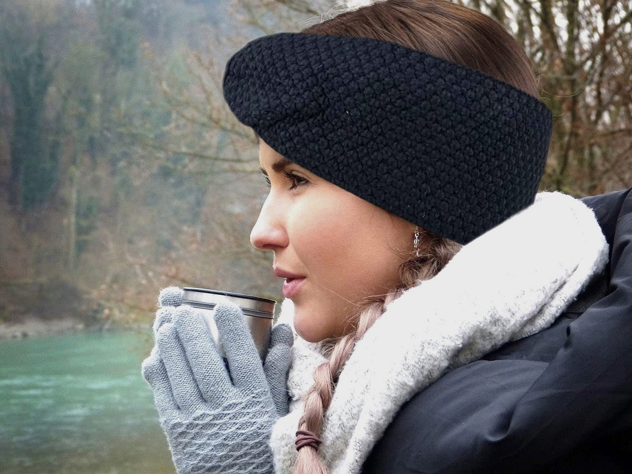 Frentree Stirnband Gefüttertes Haarband, Ohrenwärmer für Damen und Mädchen, Strickmuster mit Schleife und weichem Fleece Innenfutter – Bild 4 von 5