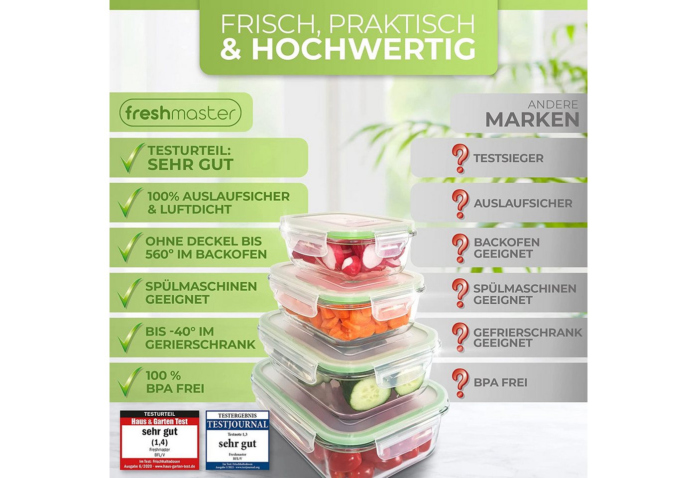 Fresh Master Frischhaltedose Vorratsdosen mit Deckel auslaufsicher Glas 12/16/18 tlg, Borosilikatglas, (Spar-Set, 16-tlg), 100% auslaufsichere + luftdichte Vorr – Bild 3 von 5