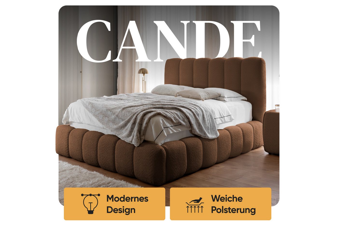 Friderik-EU Polsterbett CANDE mit Bettkasten, Lattenrost und gepolstertem Kopfteil, Wolkenbett (Doppelbett mit Stauraum, Stabilem Holzrahmen, Bouclé-Stoff) – Bild 4 von 5