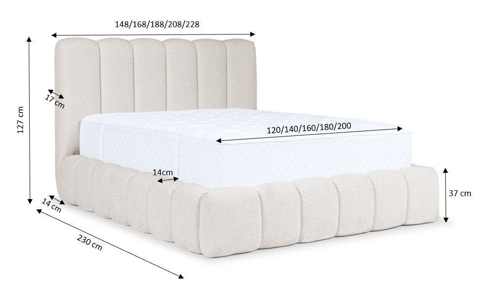 Friderik-EU Polsterbett CANDE mit Bettkasten, Lattenrost und gepolstertem Kopfteil, Wolkenbett (Doppelbett mit Stauraum, Stabilem Holzrahmen, Bouclé-Stoff) – Bild 3 von 5
