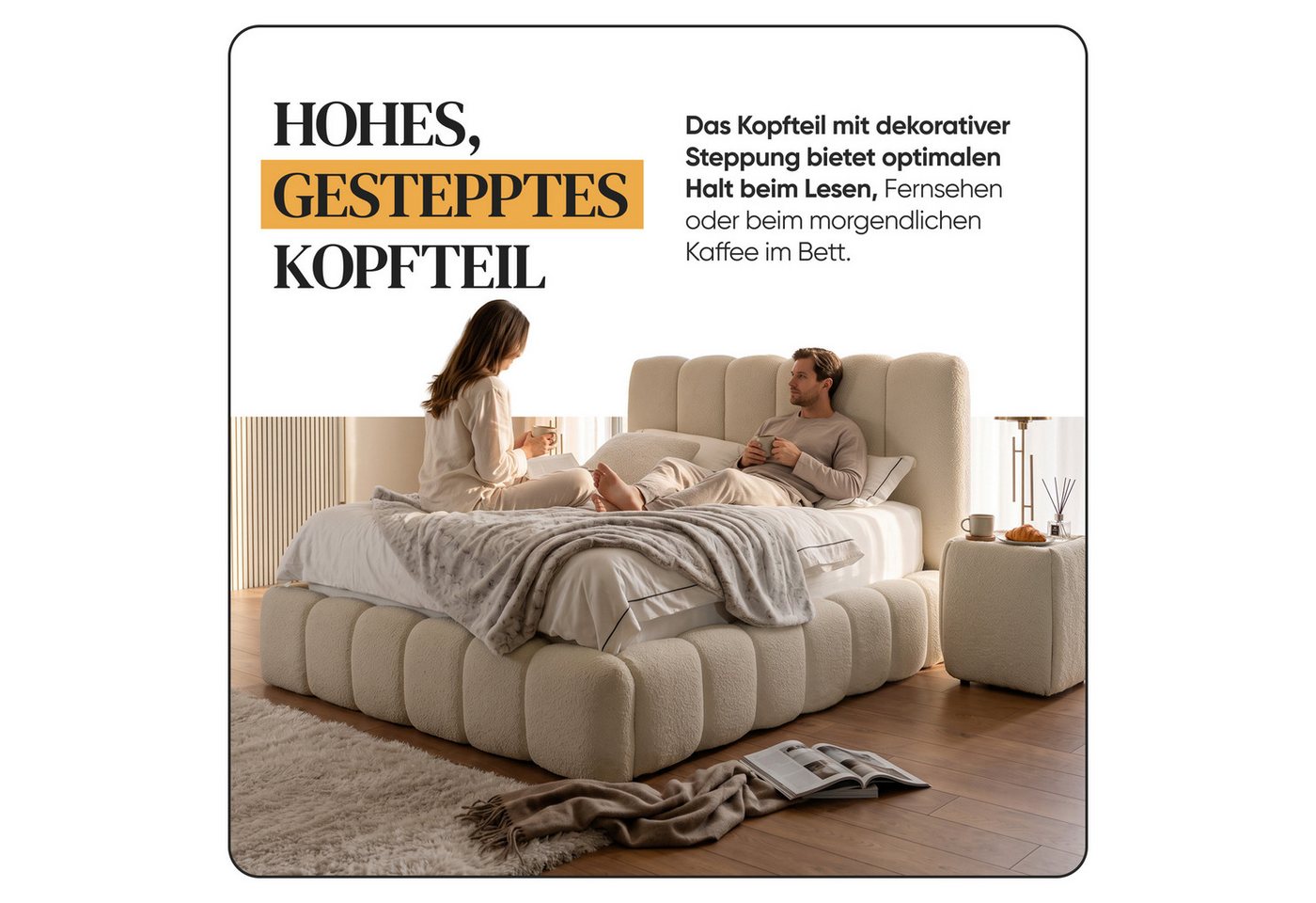 Friderik-EU Polsterbett CANDE mit Bettkasten, Lattenrost und gepolstertem Kopfteil, Wolkenbett (Doppelbett mit Stauraum, Stabilem Holzrahmen, Bouclé-Stoff) – Bild 5 von 5