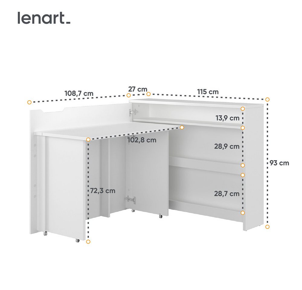 Friderik-EU Schreibtisch Work Concept Klappbarer und Ausziehbarer mit Rollen 115x93x27 cm (mit 3 Regalen), Platzsparender Computertisch für Homeoffice und Arbei – Bild 4 von 5