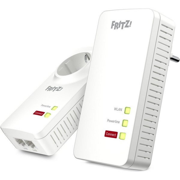 Fritz! FRITZ!Powerline 1260 WLAN Set Reichweitenverstärker, 2er-Set, Powerline bis 1.200 MBit/s, Wi-Fi 5 Mesh bis 1.266 MBit/s