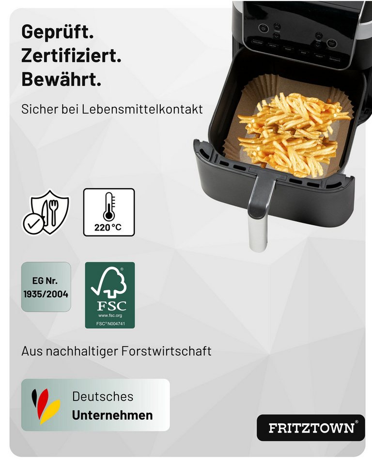 FRITZTOWN Backpapier Air fryer Backpapier, Backpapier für die Heißluftfritteuse, Air fryer Heißluftfritteuse Backpapier Einwegschalen – Bild 3 von 5