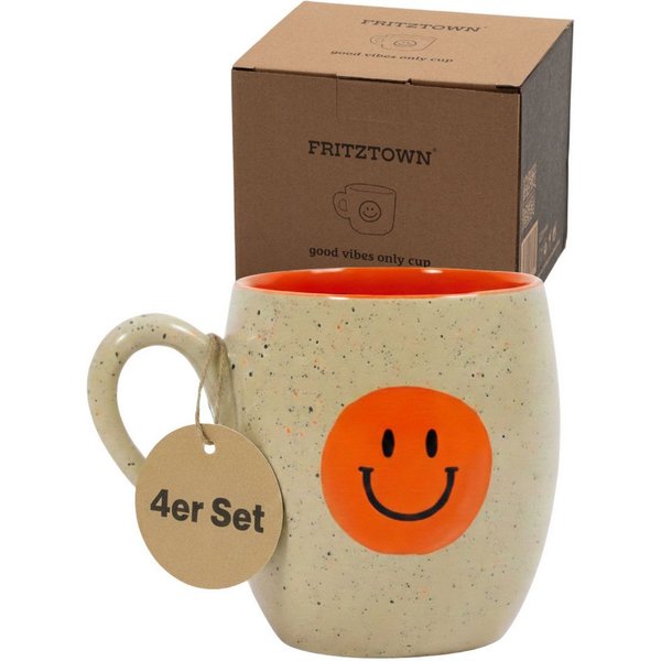 FRITZTOWN Tasse Good Vibes Only 440ml, Große Keramiktasse in Geschenkverpackung, 4-tlg., Keramik