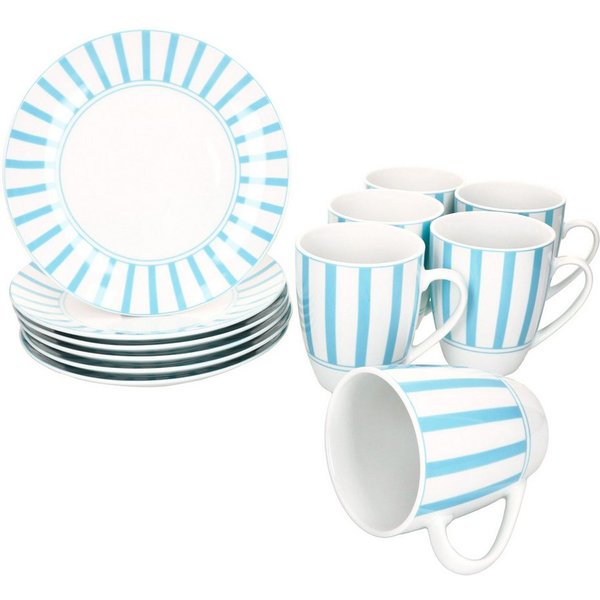 MamboCat Frühstücks-Geschirrset MamboCat Split türkis 12tlg Frühstücksset gestr Teller Kaffeebecher, Porzellan