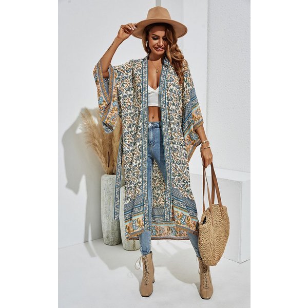 FS Collection Blusenkimono Luftiger Blusenkimono mit Bindegürtel - Lässiger Baumwollkimono (XS (EU:36 / UK:8) · S (EU:38 / UK:10) · M (EU:40 / UK:12) · L (EU:42