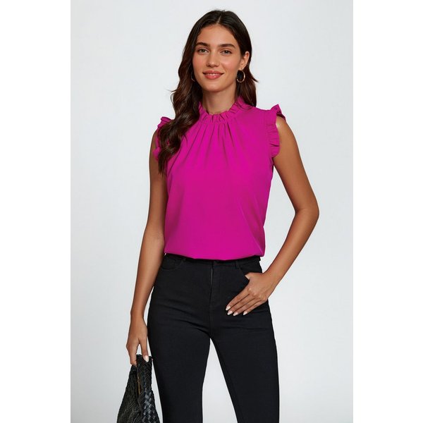 FS Collection Blusentop Damen Blusentop ärmellos mit Rüschenkragen elegante Sommerbluse Rüschenkragen und Rüschenbesatz an den Schultern