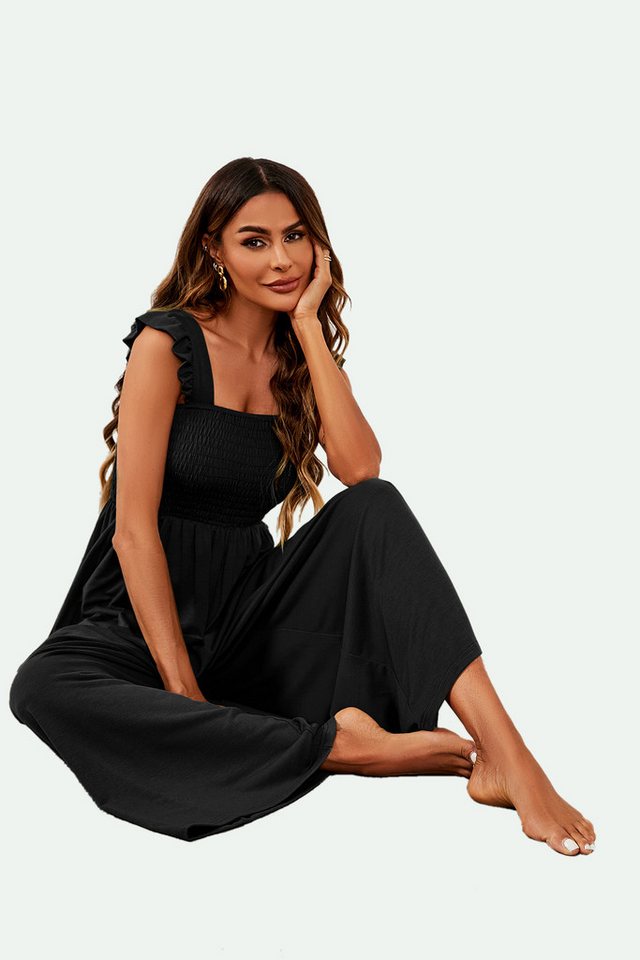 FS Collection Jumpsuit Damen Jumpsuit Stretch mit Smokdetails & weitem Bein - Trendy (Einheitsgröße: XS (EU:36 / UK:8) · S (EU:38 / UK:10) · M (EU:40 / UK:12) · – Bild 5 von 5