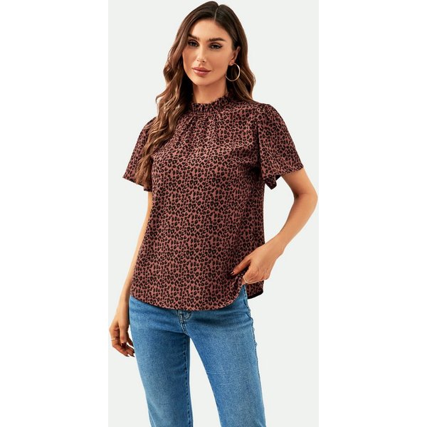 FS Collection Kurzarmbluse Damen Bluse mit Engelsärmeln und hohem Kragen im Leo-Design (XS (EU:36 / UK:8) · S (EU:38 / UK:10) · M (EU:40 / UK:12) · L (EU:42 / U