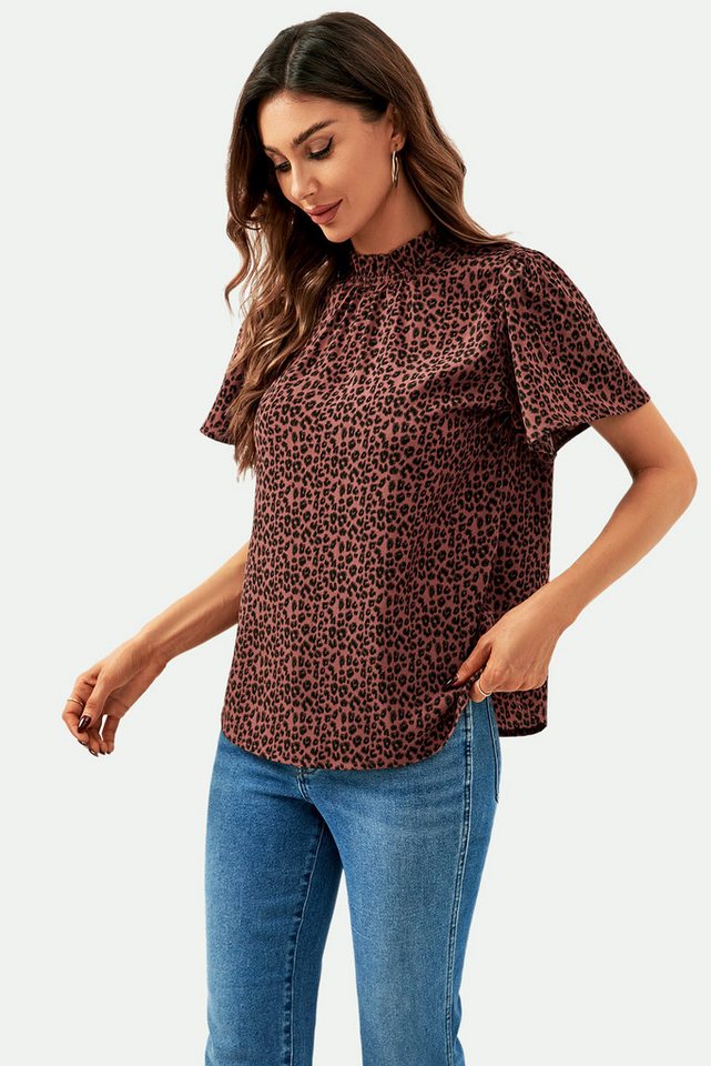 FS Collection Kurzarmbluse Damen Bluse mit Engelsärmeln und hohem Kragen im Leo-Design (XS (EU:36 / UK:8) · S (EU:38 / UK:10) · M (EU:40 / UK:12) · L (EU:42 / U – Bild 3 von 5