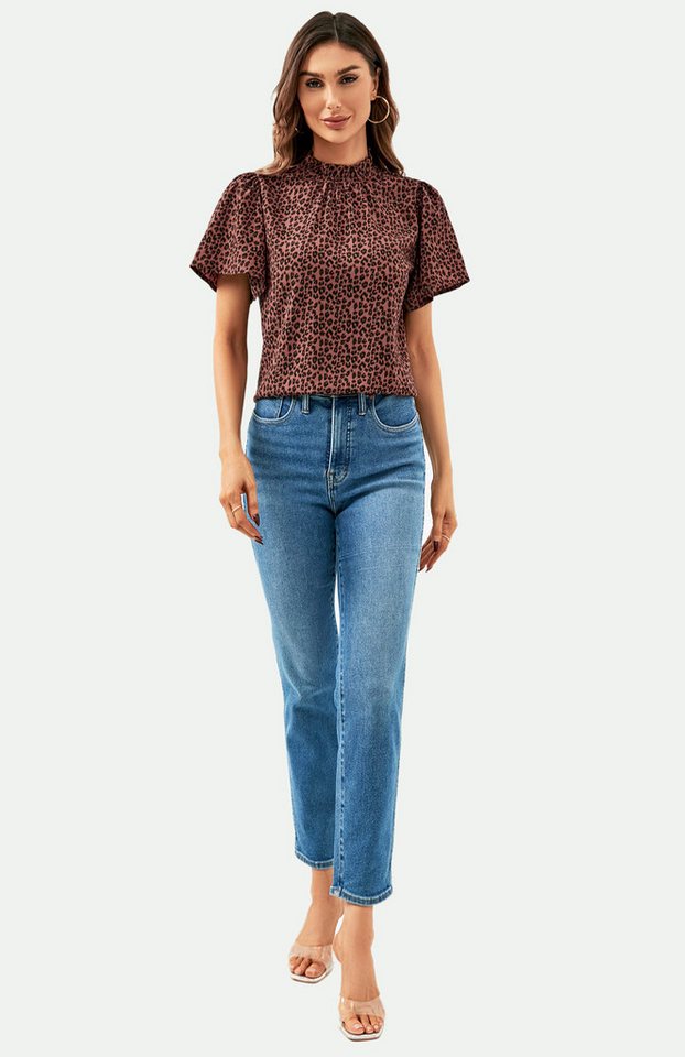 FS Collection Kurzarmbluse Damen Bluse mit Engelsärmeln und hohem Kragen im Leo-Design (XS (EU:36 / UK:8) · S (EU:38 / UK:10) · M (EU:40 / UK:12) · L (EU:42 / U – Bild 4 von 5